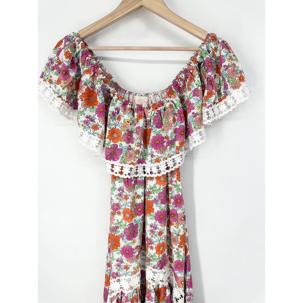 Miss June Rayan Off The Shoulder Floral Lace Ruffle Maxi Midi Dress Boho Pink - Picture 6 of 12
